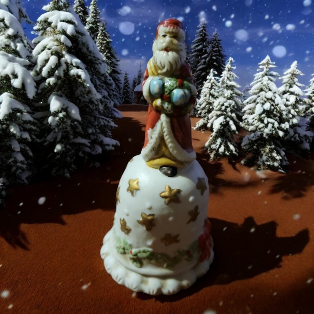 Vtg Price 5” Ceramic Christmas Hand Bell Santa Clause Figurine Gold Stars